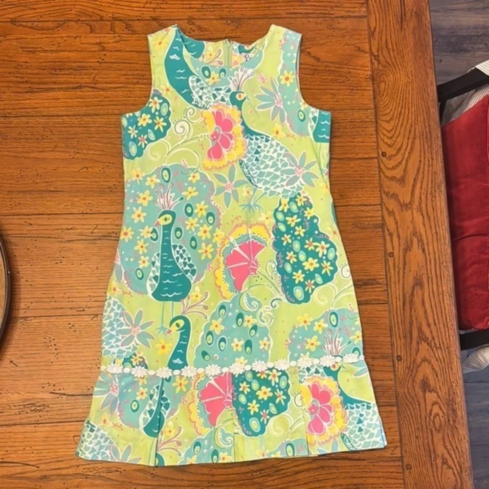 Vintage Lilly Pulitzer Yellow/Blue/green Ruffled Peacock dress 100% cotton